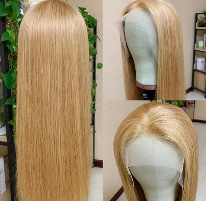 Peluca brasileña humana - Peluca de encaje liso de color rubio miel