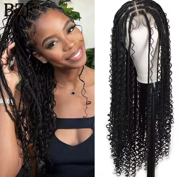 Boho Knotless Braided Wig - 28Inch Bohemian Curly Braided Lace Front Wig