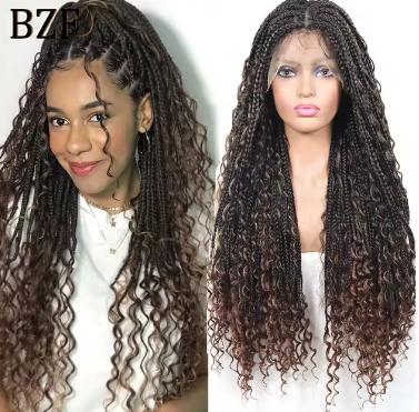 Peruca trançada sem nós boho - peruca de renda frontal trançada boêmia cacheada de 28 polegadas